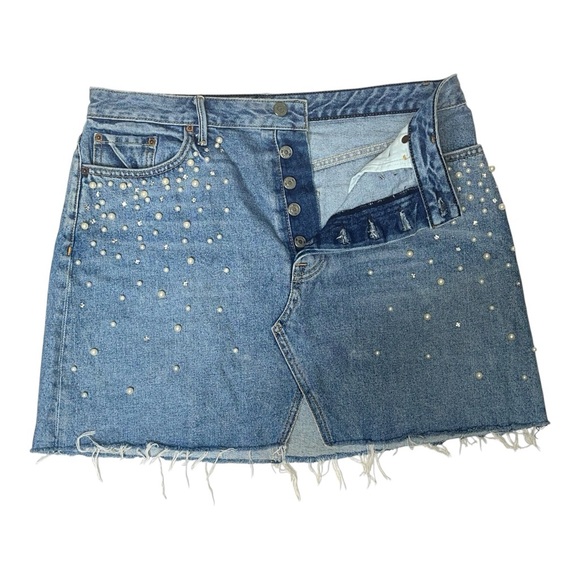 GRLFRND Milla Crystal Pearl Embellished Raw Hem Mini Denim Skirt Blue Solstice M - Picture 15 of 16